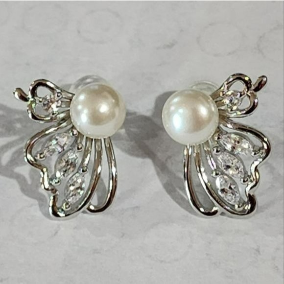 925S White Cultured Freshwater Pearl Butterfly Earrings - Picture 7 of 16